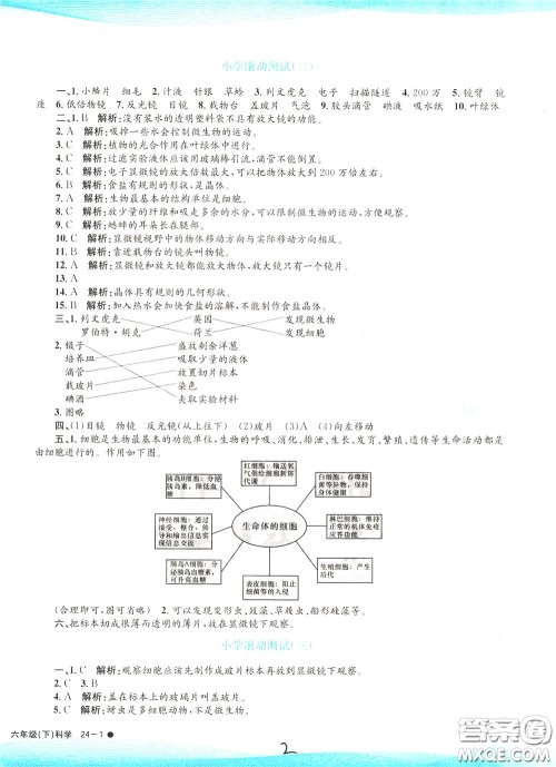 孟建平系列丛书2020年小学滚动测试科学六年级下册J教科版参考答案 孟建平系列丛书2020年小学滚动测试科学六年级下册J教科版参考答案