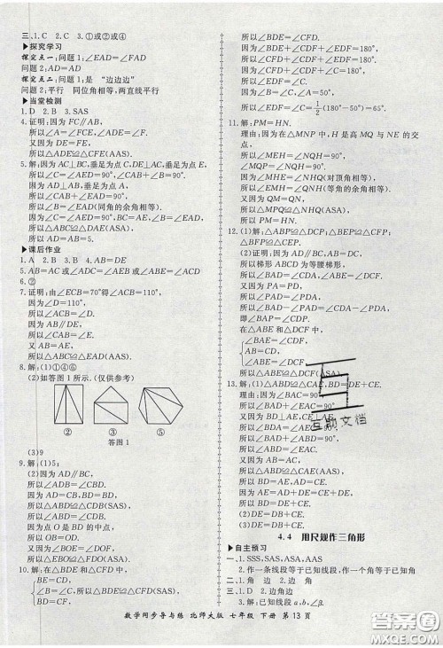郑州大学出版社2020新学案同步导与练数学七年级下册北师大版答案