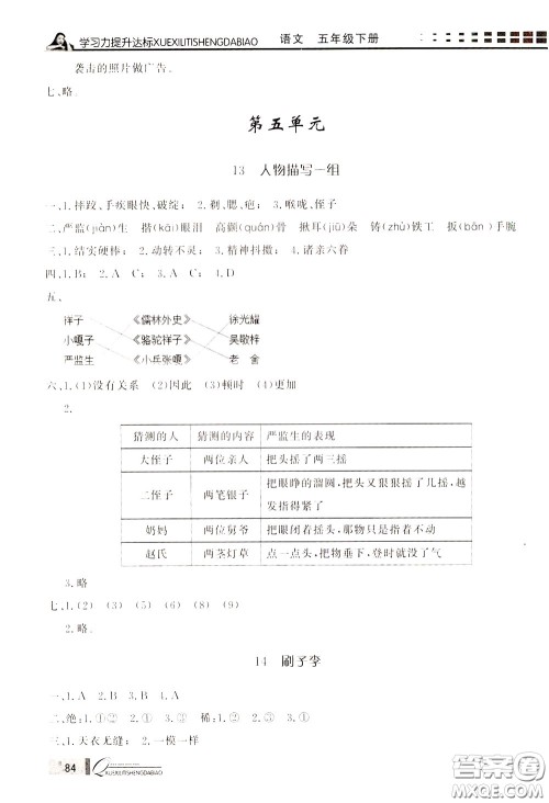 花山小状元2020年学习力提升达标语文五年级下册参考答案