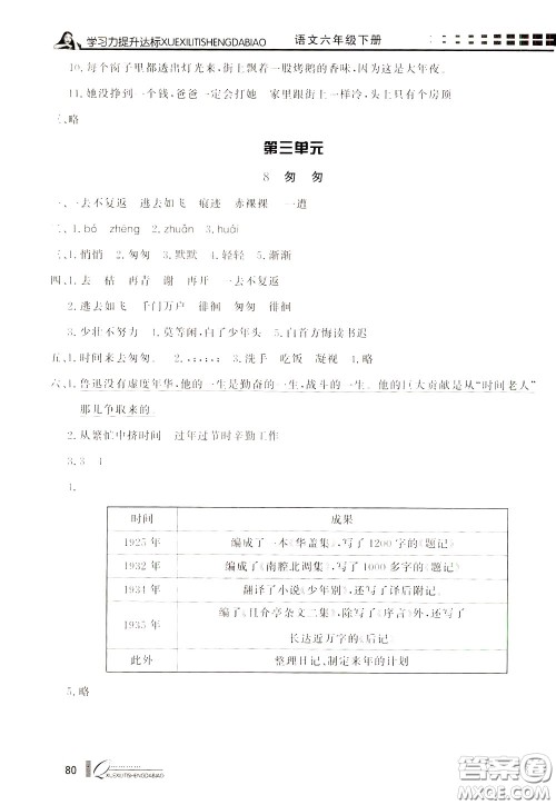 花山小状元2020年学习力提升达标语文六年级下册参考答案 花山小状元2020年学习力提升达标语文六年级下册参考答案