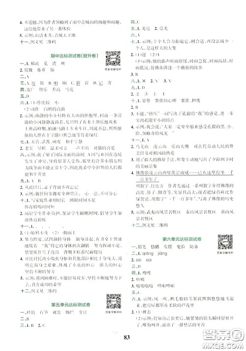 2020年小学学霸冲A卷语文四年级下册RJ版人教版参考答案