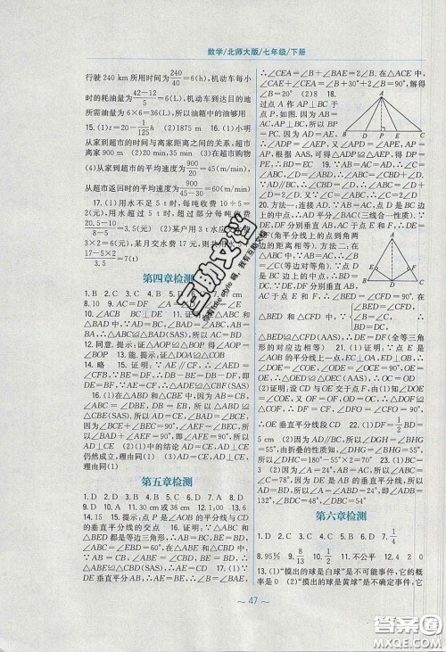 安徽教育出版社2020年新编基础训练七年级数学下册北师大版答案