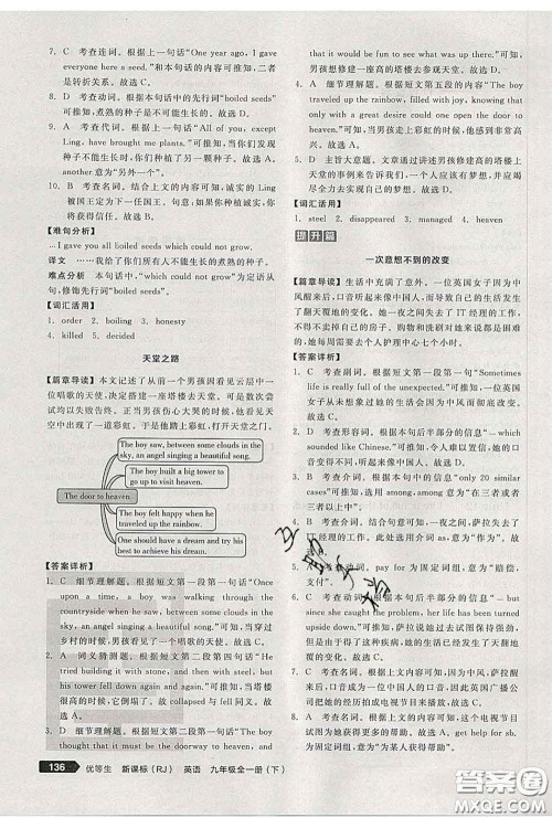 阳光出版社2020春全品优等生九年级英语下册人教版答案 阳光出版社2020春全品优等生九年级英语下册人教版答案