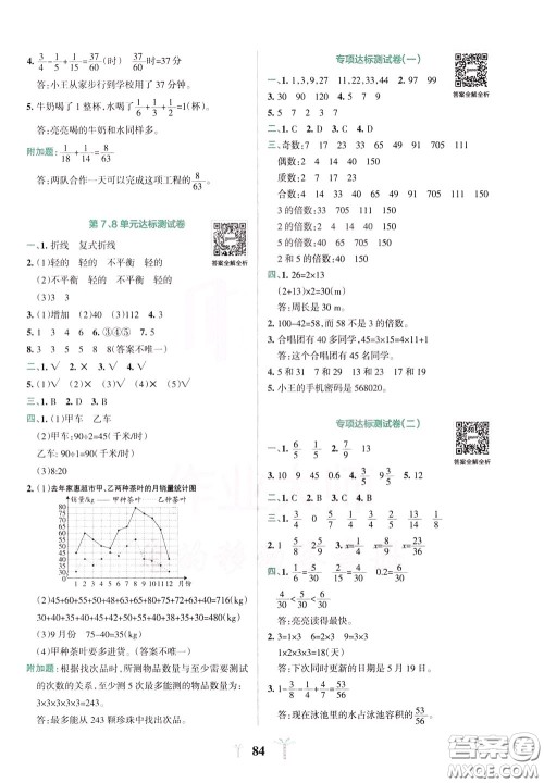 2020年小学学霸冲A卷数学五年级下册RJ版人教版参考答案