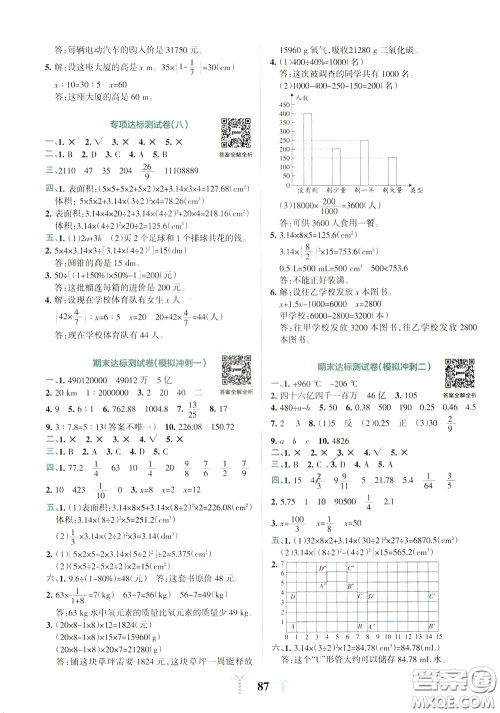 2020年小学学霸冲A卷数学六年级下册RJ版人教版参考答案