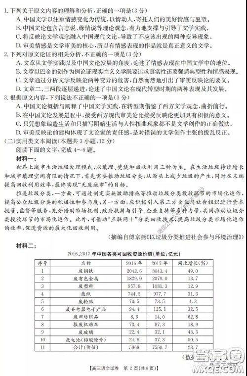 2020届湖南金太阳高三3月联考语文试题及答案 2020届湖南金太阳高三3月联考语文试题及答案