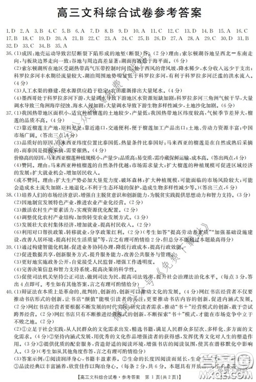 2020届湖南金太阳高三3月联考文科综合答案 2020届湖南金太阳高三3月联考文科综合答案