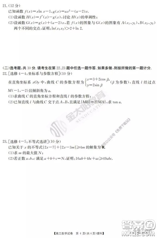 2020届河南金太阳高三3月联考理科数学试题及答案