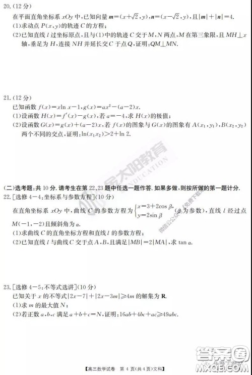 2020届河南金太阳高三3月联考文科数学试题及答案