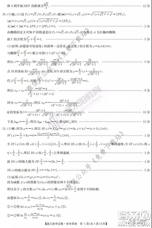 2020届河南金太阳高三3月联考文科数学试题及答案