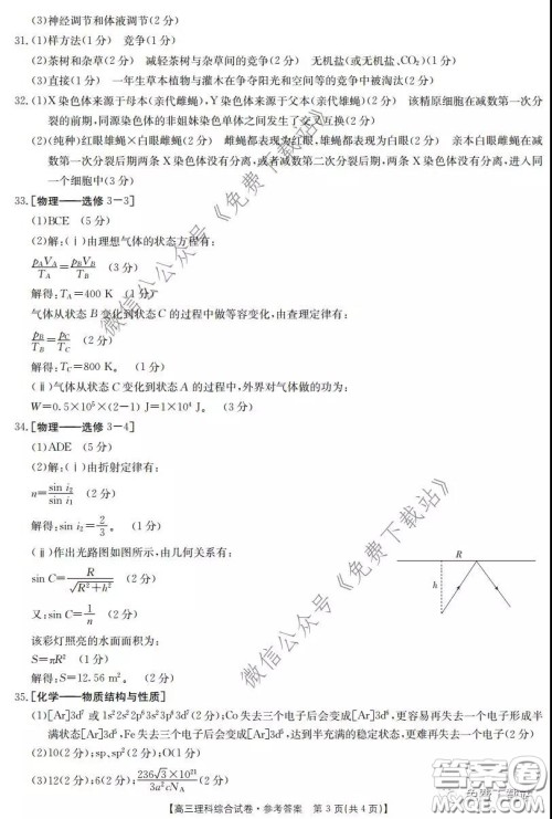 2020届陕西甘肃金太阳高三3月联考理科综合答案