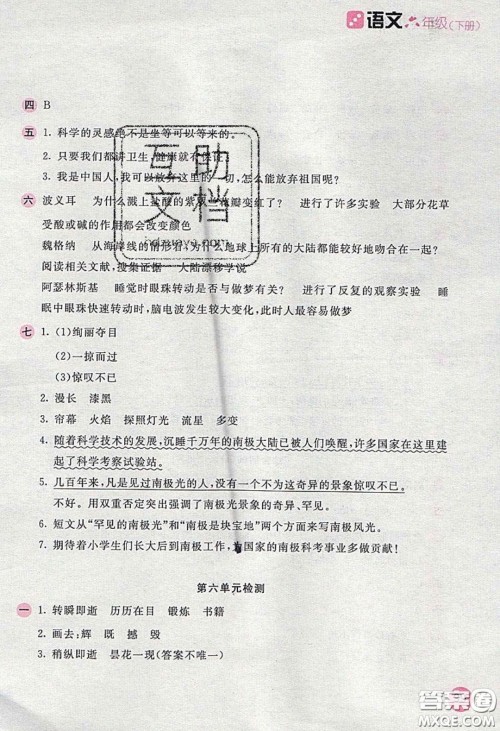 2020年新编基础训练六年级语文下册人教版答案