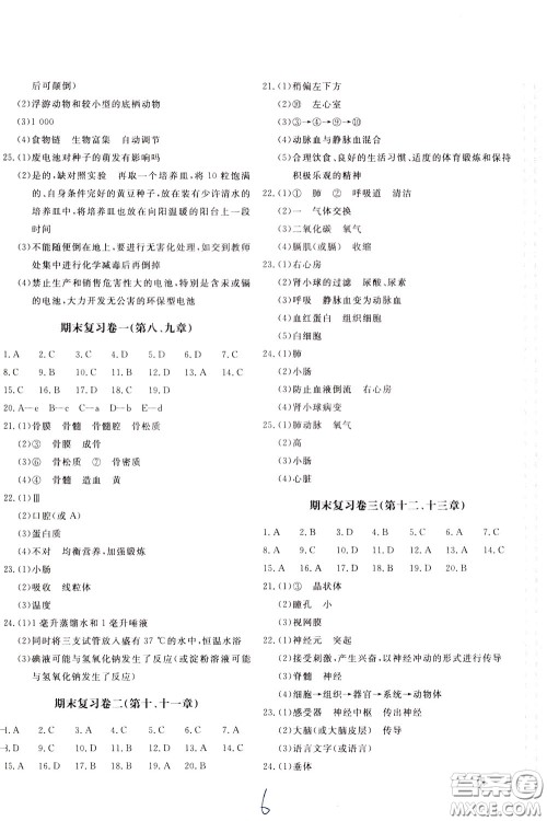 2020年新课堂AB卷单元测生物学七年级下册江苏版参考答案 2020年新课堂AB卷单元测生物学七年级下册江苏版参考答案