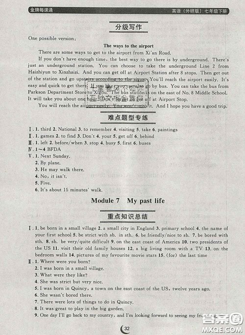 2020新版点石成金金牌每课通七年级英语下册外研版答案