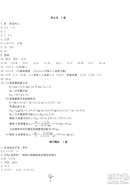 2020年新课堂AB卷单元测物理八年级下册上海科技版参考答案