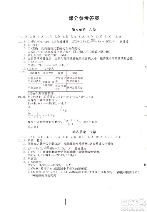 2020年新课堂AB卷单元测化学九年级下册人民教育版参考答案