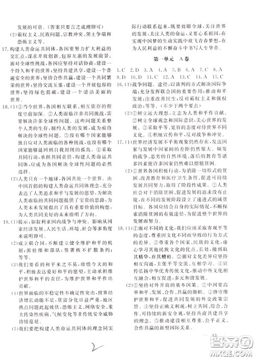 2020年新课堂AB卷单元测道德与法治九年级下册参考答案 2020年新课堂AB卷单元测道德与法治九年级下册参考答案