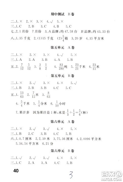 2020年新课堂AB卷单元测数学五年级下册江苏版参考答案