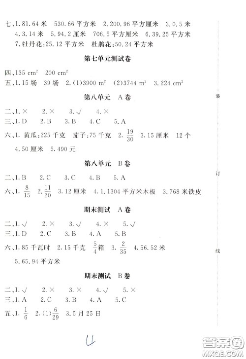 2020年新课堂AB卷单元测数学五年级下册江苏版参考答案