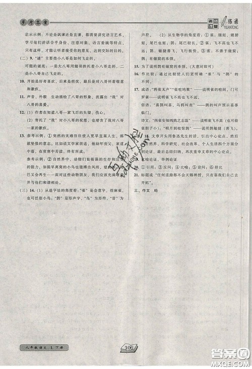 2020年名师课堂一练通九年级语文下册统编版答案