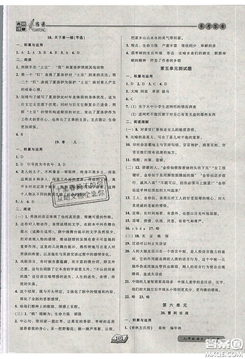 2020年名师课堂一练通九年级语文下册统编版答案