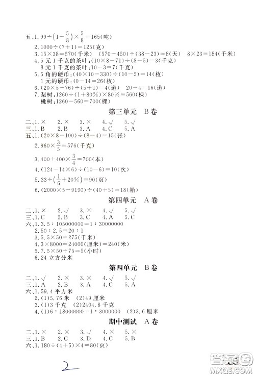 2020年新课堂AB卷单元测数学六年级下册江苏版参考答案