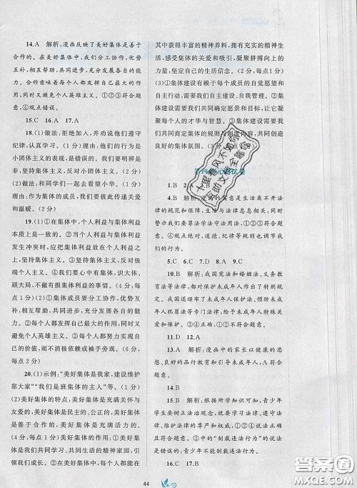 2020新版新课程学习与测评单元双测七年级道德与法治下册A版答案