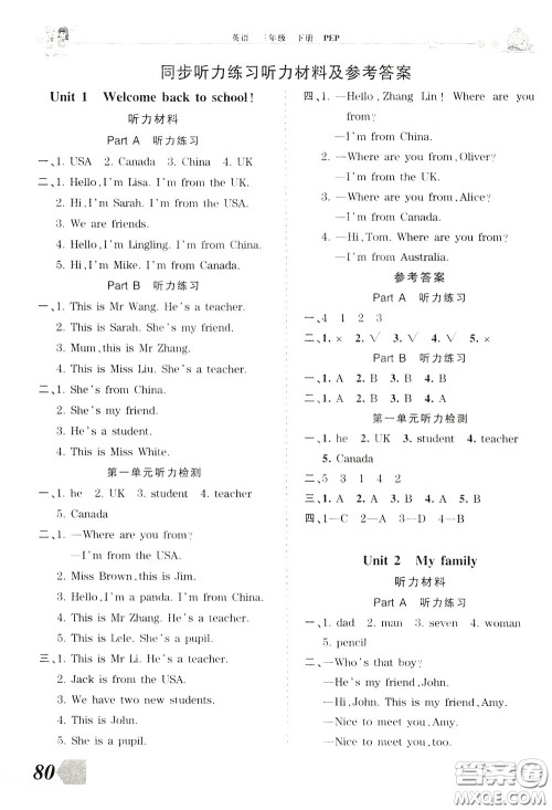 2020年王朝霞创维新课堂同步优化训练英语三年级下册PEP人教版参考答案