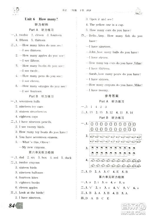 2020年王朝霞创维新课堂同步优化训练英语三年级下册PEP人教版参考答案