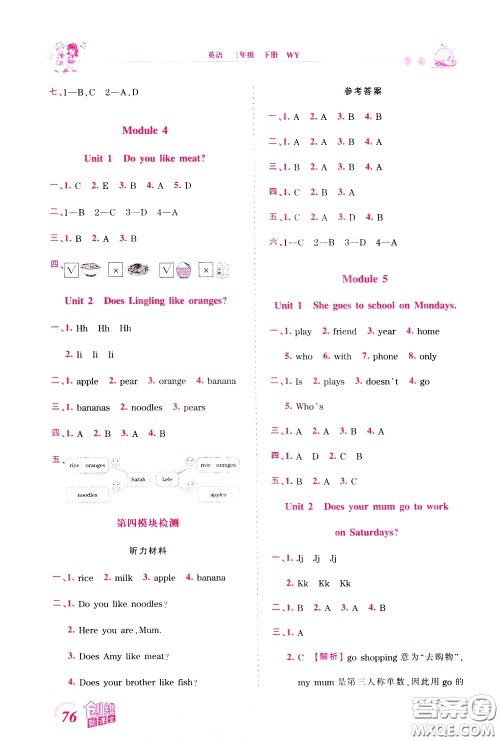 2020年王朝霞创维新课堂同步优化训练英语三年级下册WY外研版参考答案