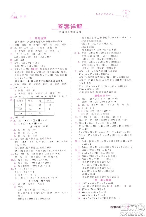 2020年王朝霞创维新课堂同步优化训练数学四年级下册RJ人教版参考答案 2020年王朝霞创维新课堂同步优化训练数学四年级下册RJ人教版参考答案