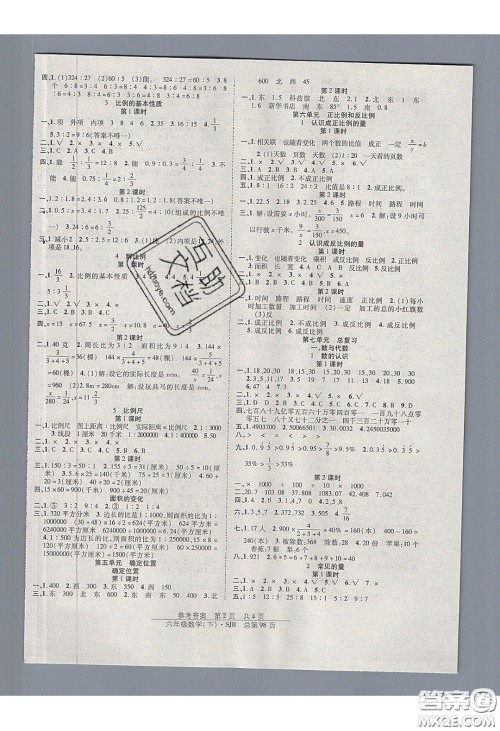 2020年阳光训练课时作业六年级数学下册苏教版答案
