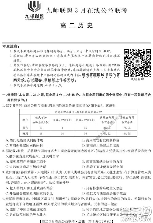 九师联盟3月高二在线公益联考历史试题及答案