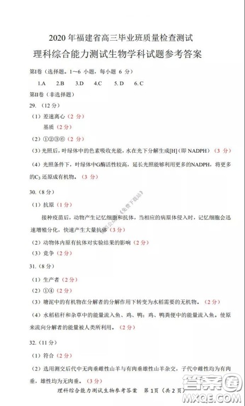 2020年福建省高三毕业班质量检查测试理科综合答案 2020年福建省高三毕业班质量检查测试理科综合答案