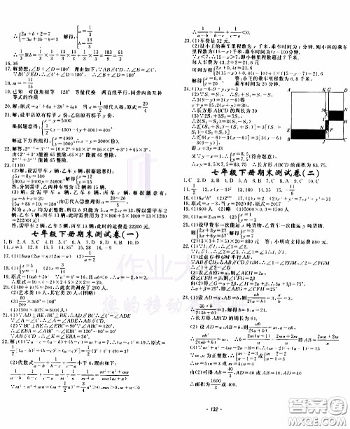 花山小状元2020年学科能力达标初中生100全优卷数学七年级下册ZJ浙教版参考答案