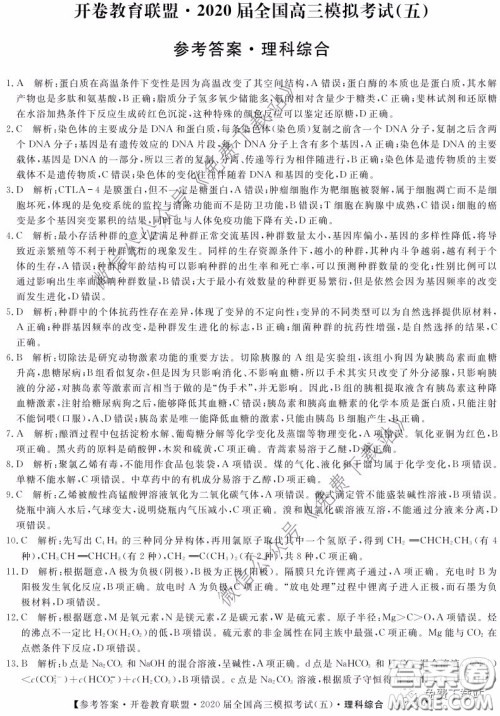 开卷教育联盟2020届全国高三模拟考试五理科综合答案 开卷教育联盟2020届全国高三模拟考试五理科综合答案