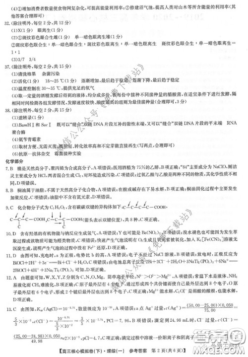 九师联盟2019-2020学年高三核心模拟卷下理科综合一答案 九师联盟2019-2020学年高三核心模拟卷下理科综合一答案