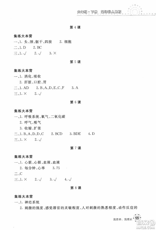 北京教育出版社2020新课堂同步训练六年级科学下册河北人民版答案