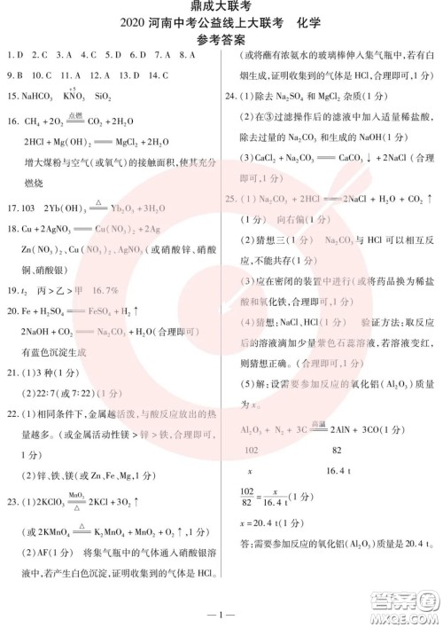 鼎成大联考2020年河南中考公益线上大联考化学试卷及答案