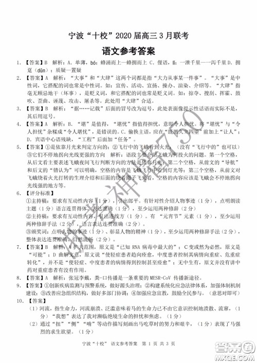 宁波十校2020届高三3月联考试题卷语文答案