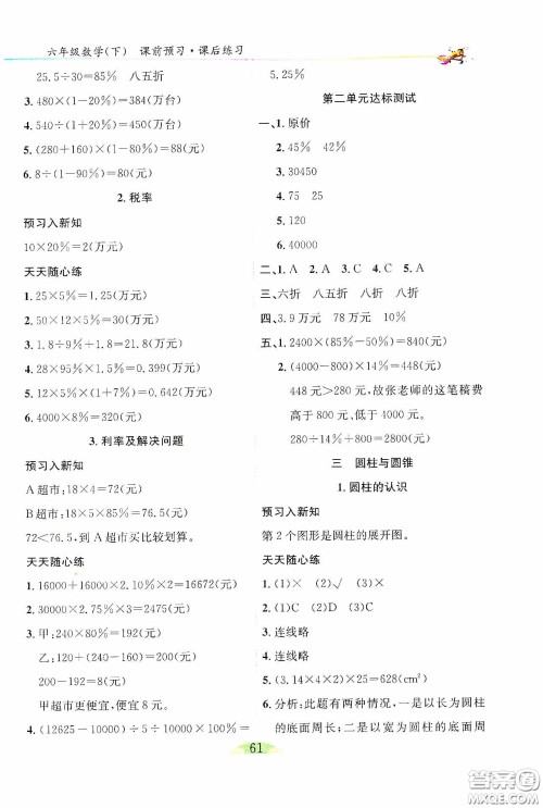 延边人民出版社2020密解1对1课后练习六年级数学下册人教版答案