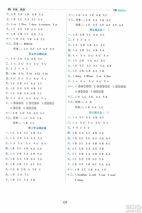 延边人民出版社2020优秀生作业本情景式阅读型练习册四年级英语下册PEP版答案