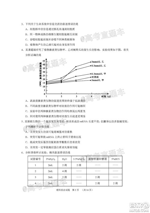 广州市2020届高三年级阶段训练题理科综合试题及答案