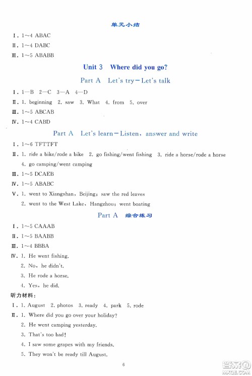 人民教育出版社2020同步轻松练习六年级英语下册人教PEP版答案 人民教育出版社2020同步轻松练习六年级英语下册人教PEP版答案