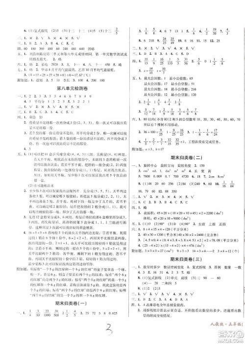 黑龙江美术出版社2020一线名师夺冠王检测卷五年级数学下册人教版答案