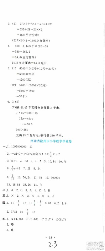 北京教育出版社2020提分教练优学导练测试卷六年级数学下册人教版答案
