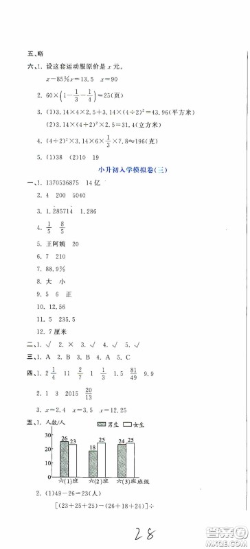 北京教育出版社2020提分教练优学导练测试卷六年级数学下册人教版答案