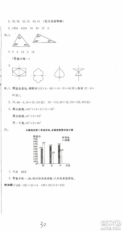 北京教育出版社2020提分教练优学导练测试卷四年级数学下册人教版答案