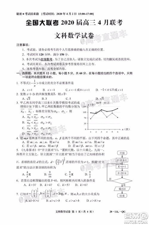 全国大联考2020届高三4月联考文科数学试题及答案