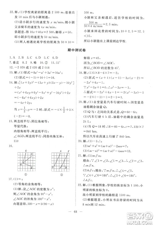 江西教育出版社2020能力形成同步测试卷七年级数学下册北师大版答案